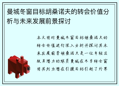 曼城冬窗目标胡桑诺夫的转会价值分析与未来发展前景探讨